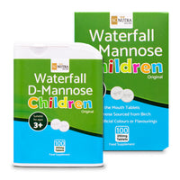 Waterfall D-Mannose Children Original Melt in the mouth tablets showing front of box and dispenser. 100 melt in the mouth tablets per pack.