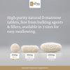 High-purity natural D-mannose tablets, free from bulking agents and fillers, available in three sizes.