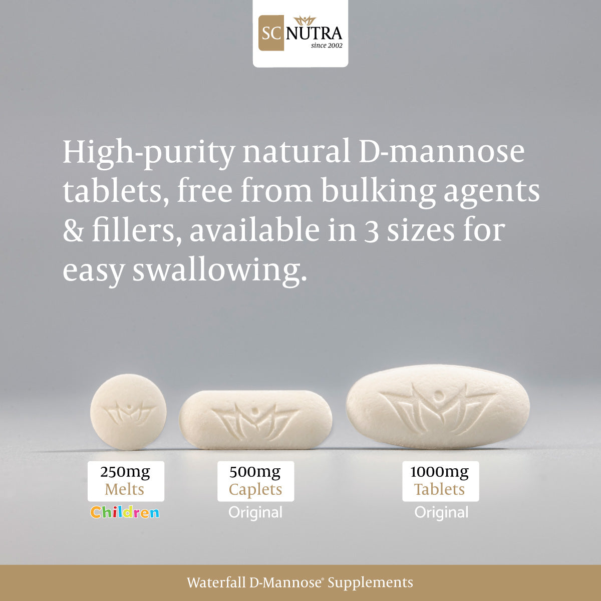 High-purity natural D-mannose tablets, free from bulking agents and fillers, available in three sizes.