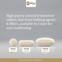 High-purity natural D-mannose tablets, free from bulking agents and fillers, available in three sizes.