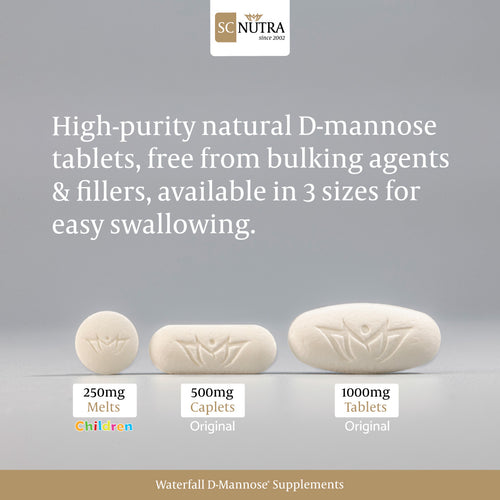 High-purity natural D-mannose tablets, free from bulking agents and fillers, available in three sizes.