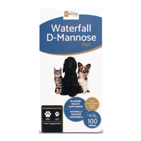 Waterfall D-Mannose Pet Tablets for Dogs & Cats box front. 100 easily administrated 500mg tablets.