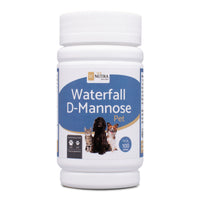 Waterfall D-Mannose Pet Tablets tub front. Fully recyclable & reusable plastic tub.