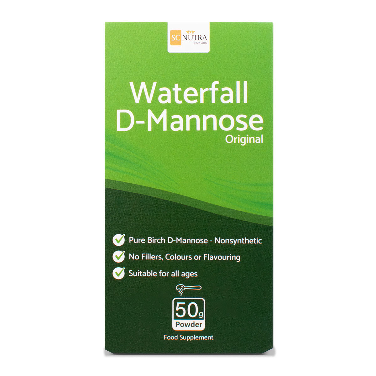 Waterfall D-Mannose Powder box front. Suitable for Men & Women.