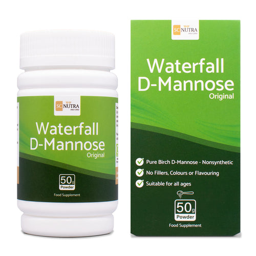 Waterfall D-Mannose Powder Original packaging front. Box and Tub. Pure birch D-mannose powder.