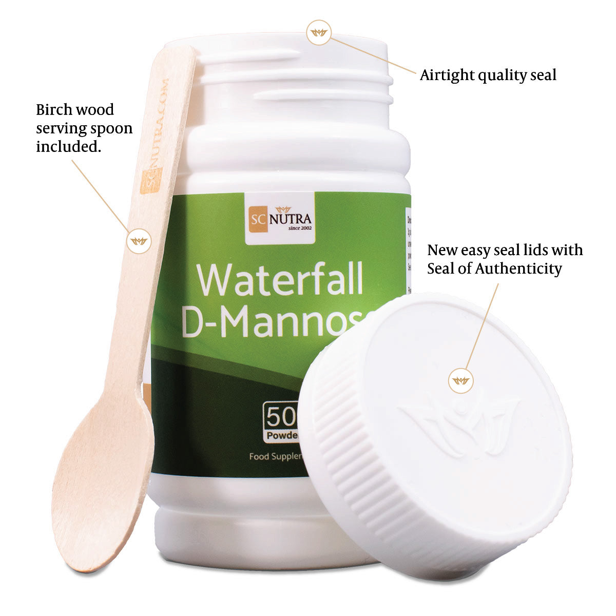 Waterfall D-Mannose Original Powder. Birch wood measuring spoon included. Airtight quality seal. New easy close lids.