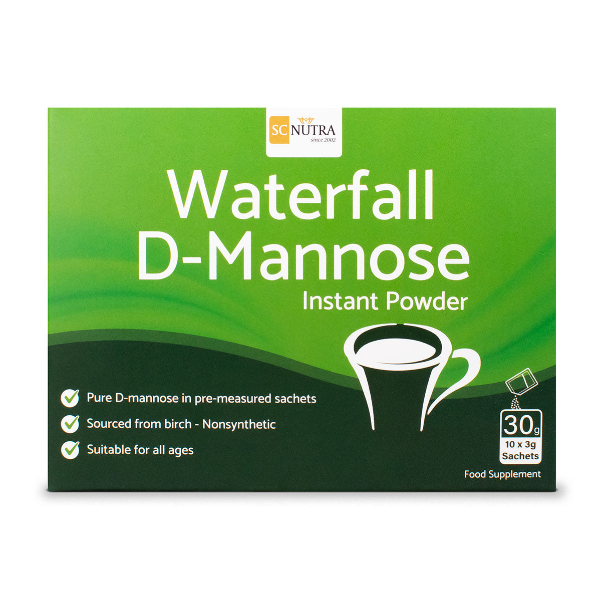 Waterfall D-Mannose Instant Powder 10 Pack front of the box. Pure D-mannose in pre-measured sachets. Sourced from birch. Suitable for all ages.