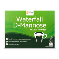 Waterfall D-Mannose Instant Powder 10 Pack front of the box. Pure D-mannose in pre-measured sachets. Sourced from birch. Suitable for all ages.