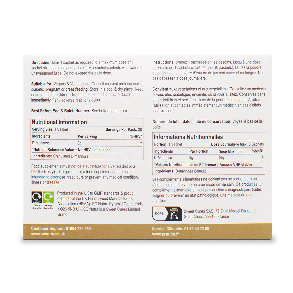 Back of the box for Waterfall D-Mannose Instant Powder Value Pack. Directions, Suitable for, Best before, Nutritional information and SC Nutra customer support information.