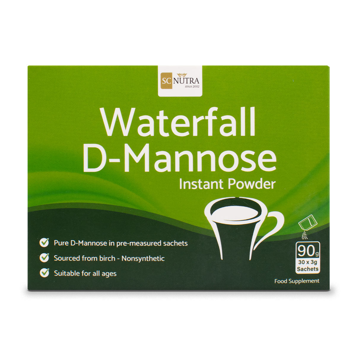 Waterfall D-Mannose Instant Powder Value Pack front of the box. Pure D-mannose in pre-measured sachets. Sourced from birch. Suitable for all ages.