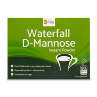 Waterfall D-Mannose Instant Powder Value Pack front of the box. Pure D-mannose in pre-measured sachets. Sourced from birch. Suitable for all ages.