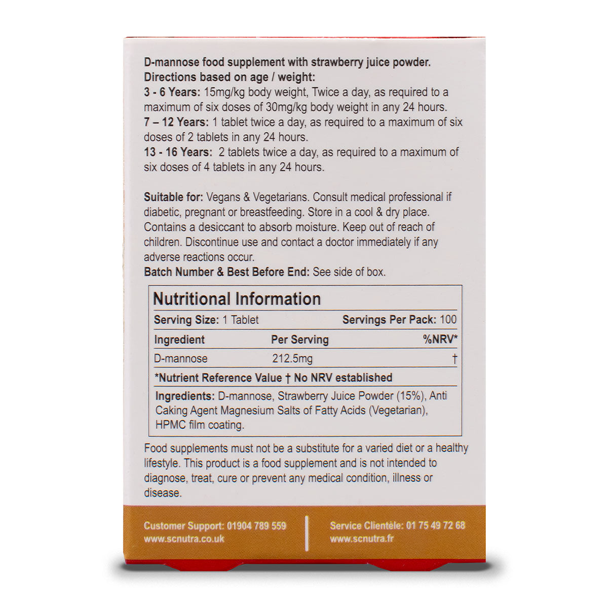 Waterfall D-Mannose Children Strawberry Melt in the mouth tablets back of box. Featuring, Directions, Suitable for & Nutritional information.