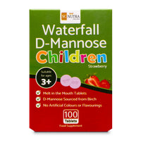 Waterfall D-Mannose Children Strawberry Melt in the mouth tablets. 250mg D-mannose tablets. Suitable for boys & girls aged 3 plus.