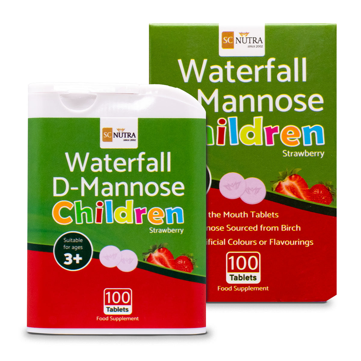 Waterfall D-Mannose Children Strawberry showing front of box and dispenser. 100 melt in the mouth tablets per pack.
