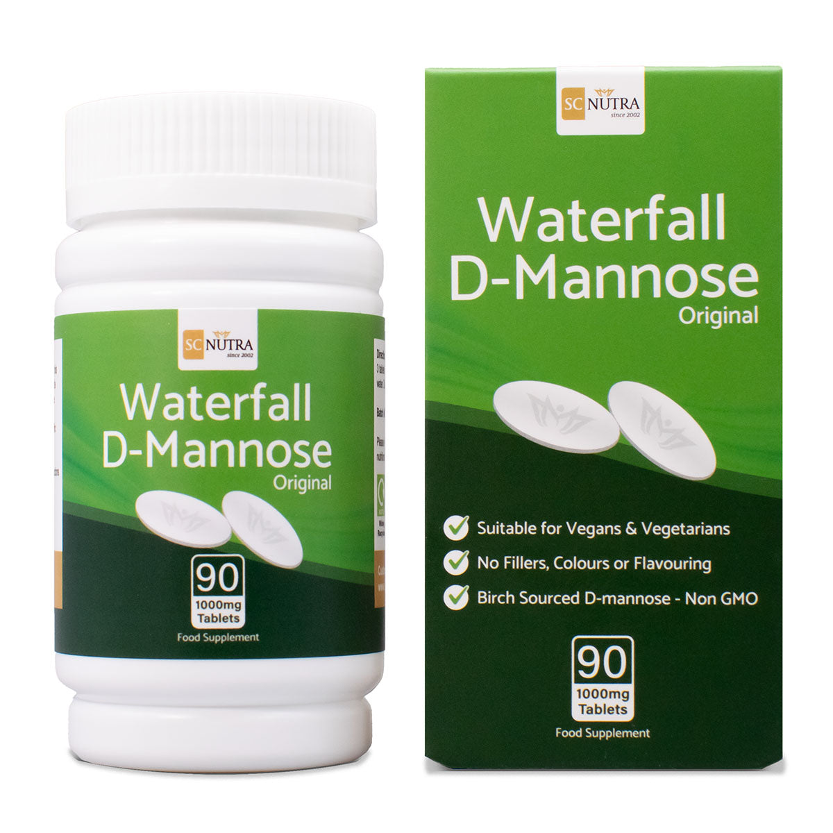 Waterfall D-Mannose Original 1000mg Tablets Value Pack. Box and tub front. 90 tablets per pack. Recyclable and reusable tub. 