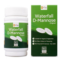 Waterfall D-Mannose Original 1000mg Tablets Value Pack. Box and tub front. 90 tablets per pack. Recyclable and reusable tub. 