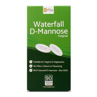 Waterfall D-Mannose Original 1000mg Tablets Value Pack. Box front. Bullet points: Suitable for Vegans & Vegetarians. No Fillers, Colours or Flavouring. Birch Sourced D-mannose.