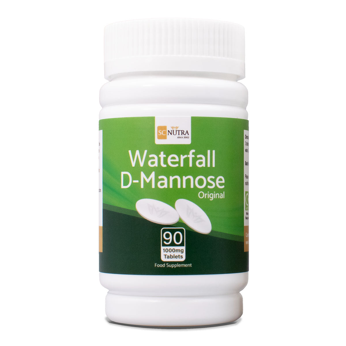 Waterfall D-Mannose Original 1000mg Tablets Value Pack. Tub front. 