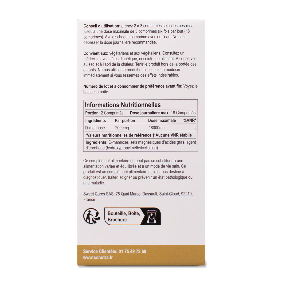 Waterfall D-mannose Original 1000mg Tablets Value Pack box side. French.