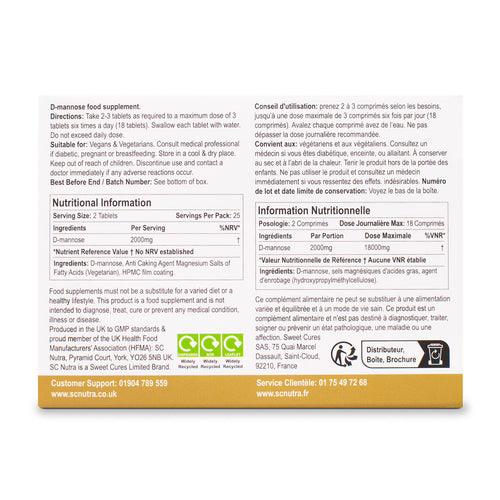 Waterfall D-Mannose Tablets 1000mg. Box Back.