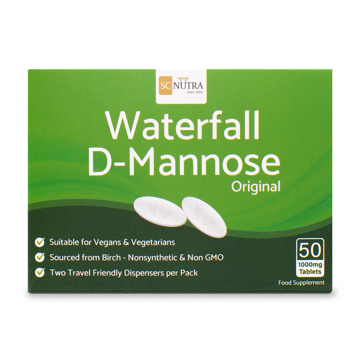 Waterfall D-Mannose Tablets 1000mg. Box Front. Suitable for vegans & vegetarians.