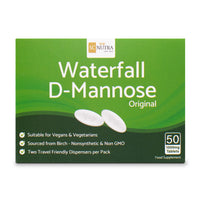 Waterfall D-Mannose Tablets 1000mg. Box Front. Suitable for vegans & vegetarians.