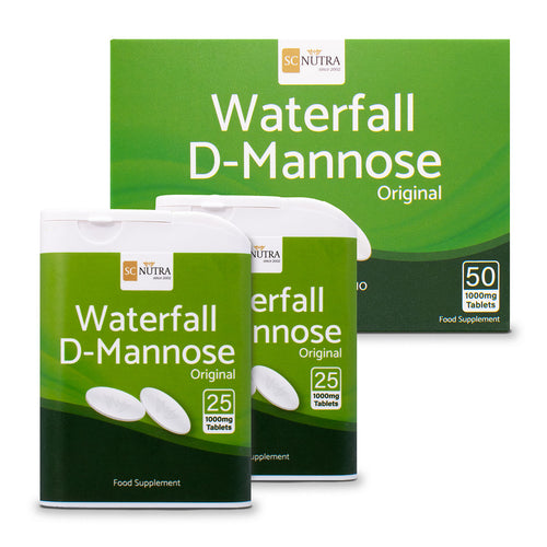 Waterfall D-Mannose Tablets 1000mg. Slimline 1000mg tablets. Box & Dispensers.