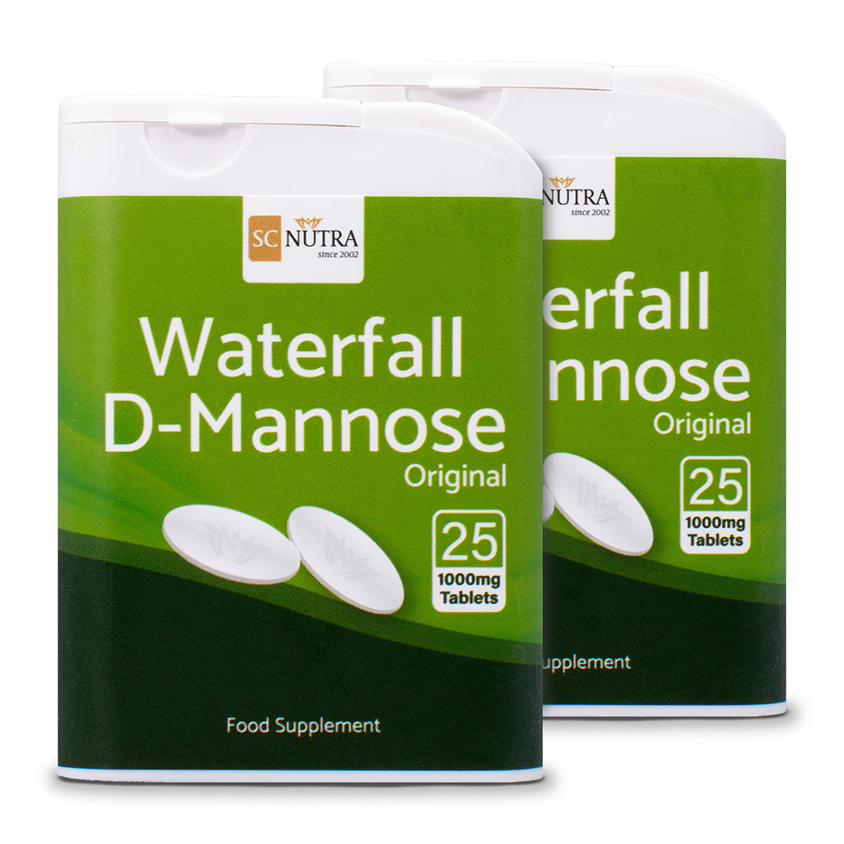 Waterfall D-Mannose Tablets 1000mg. Two pocket-sized travel dispensers per pack. D-mannose is a food supplement. 