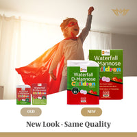 Lifestyle image showing a superhero boy in the background and a comparison of the new packaging to the old for Waterfall D-Mannose Children Strawberry Melt in the Mouth Tablets.