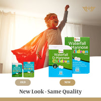 Lifestyle image showing a superhero boy in the background and a comparison of the new packaging to the old for Waterfall D-Mannose Children Original Melt in the Mouth Tablets.