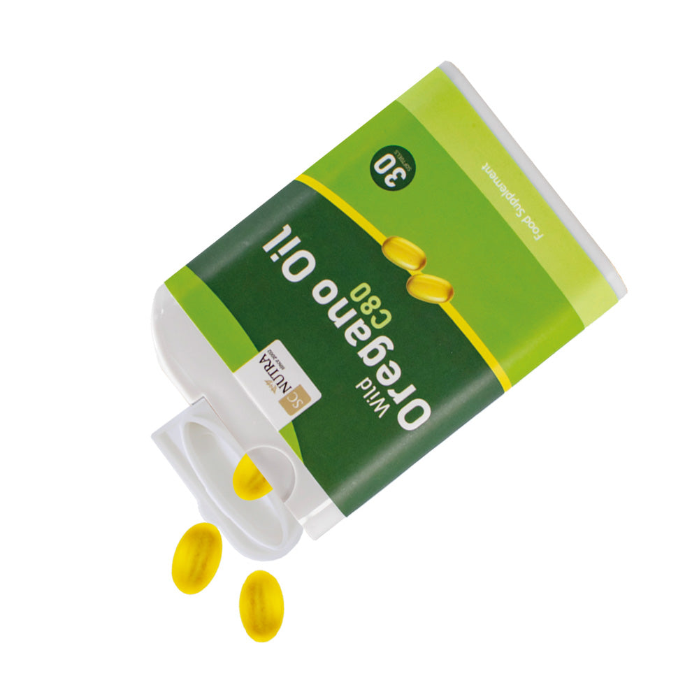 Wild Oregano Oil C80 travel dispenser. Image shows how the dispenser works, with a flip top opening and 3 softgels falling from the opening.