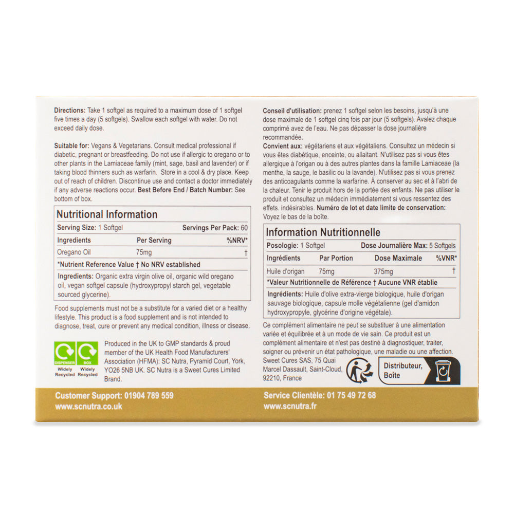 Back of box for Wild Oregano Oil C80 Softgel Capsules. Directions, suitability, storage and nutritional information.
