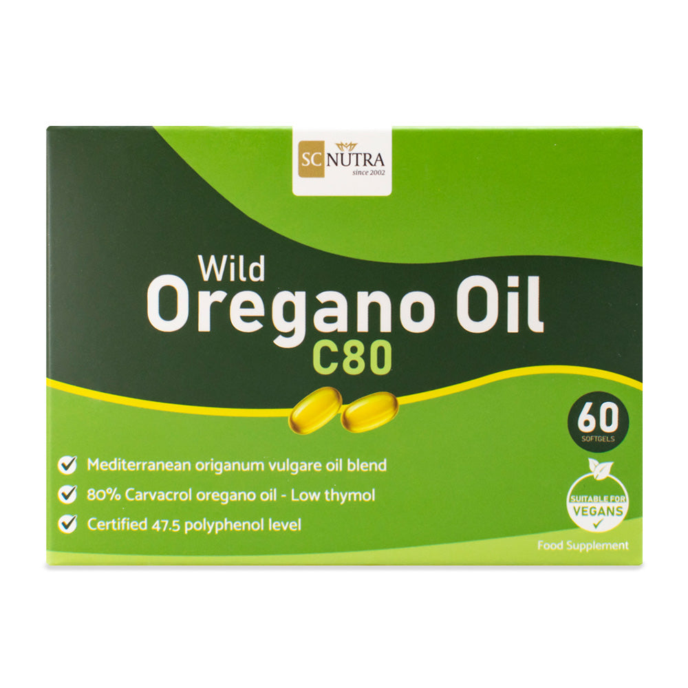 SC Nutra’s Wild Oregano Oil C80 Softgel Capsules front of box. Manufactured by Sweet Cures Limited.