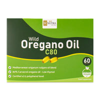 SC Nutra’s Wild Oregano Oil C80 Softgel Capsules front of box. Manufactured by Sweet Cures Limited.