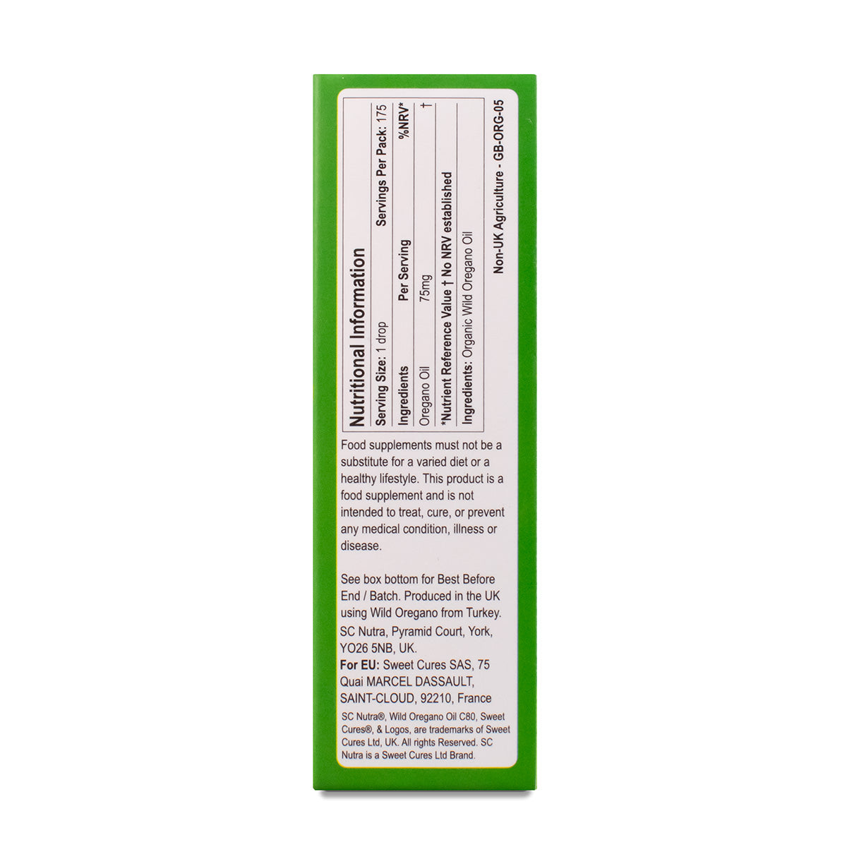Organic Wild Oregano Oil C80 Advanced box side showing Nutritional information & Sweet Cures Limited manufacturer.