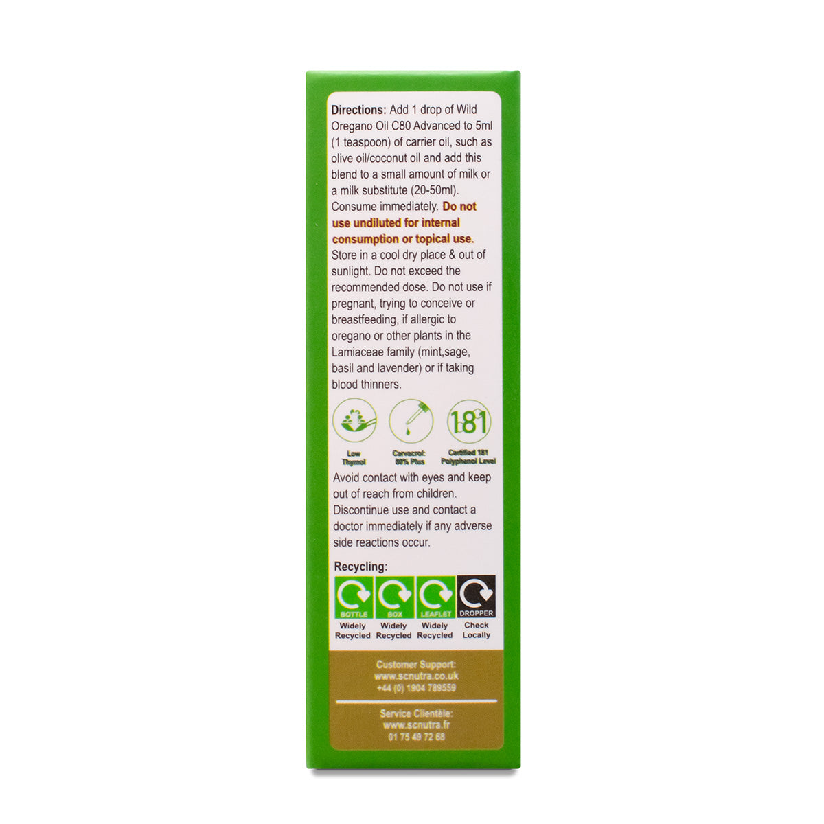 Organic Wild Oregano Oil C80 Advanced box side. Directions & Warnings. Do not use undiluted for internal consumption or topical use. 