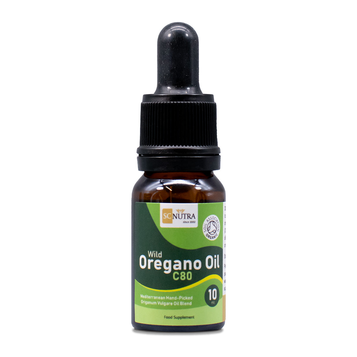 SC Nutra Wild Oregano Oil C80 10ml bottle front. Brown glass bottle with black pipette. 