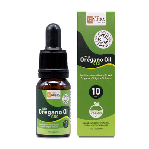 Organic Oregano Oil – Wild Oregano Oil C80 10ml. Front of box & bottle. Soil Association Approved Organic. Suitable for Vegans.