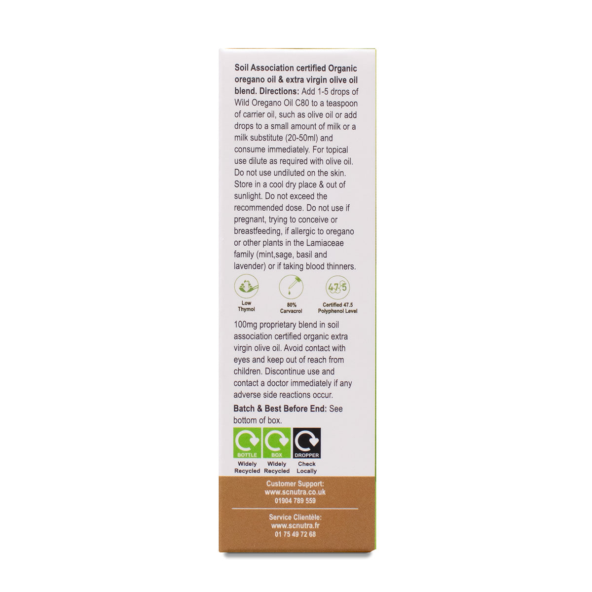 Wild Oregano Oil C80 10ml box side showing usage information for topical application and consumption. Dedicated customer support available by email and phone.