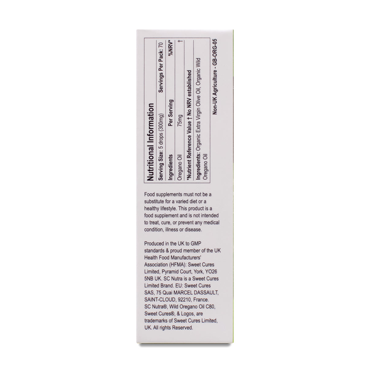 Wild Oregano Oil C80 10ml box side showing Nutritional information, food supplement warnings and Sweet Cures Limited manufacturer information.