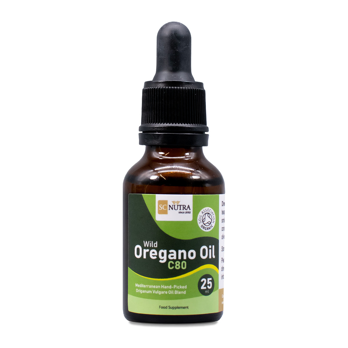 Wild Oregano Oil C80 bottle front with dropper / pipette. Recyclable brown glass bottle with green label.