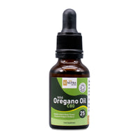 Wild Oregano Oil C80 bottle front with dropper / pipette. Recyclable brown glass bottle with green label.