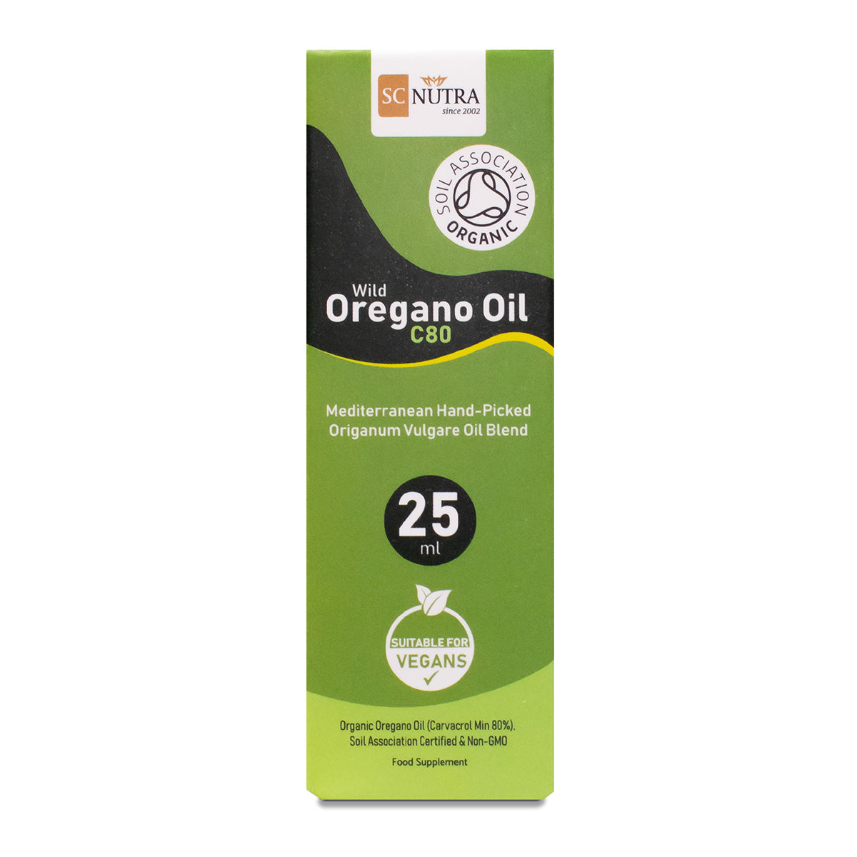 Wild Oregano Oil C80 box front. Suitable for vegans. Oil of Oregano. 80% carvacrol, non GMO.