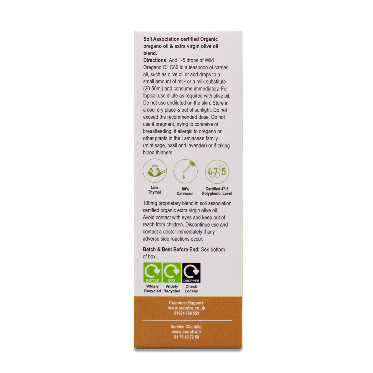 Wild Oregano Oil C80 25ml box side showing instructions. Instructions include topical application and for internal consumption. For more details see website.