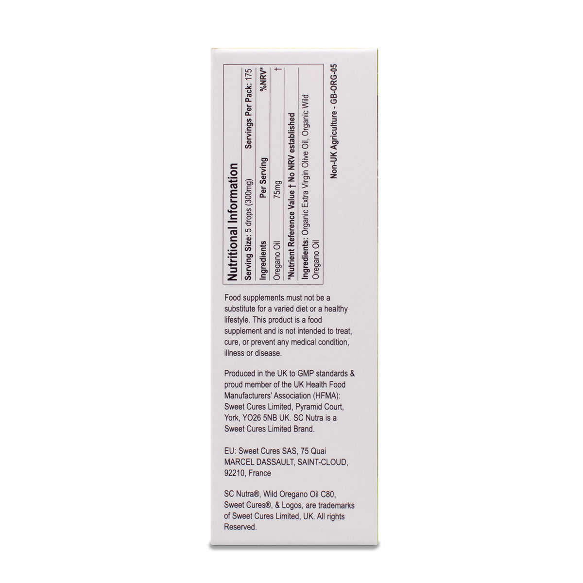SC Nutra Wild Oregano Oil C80 25ml box side showing nutritional informational. Manufactured by Sweet Cures Limited.
