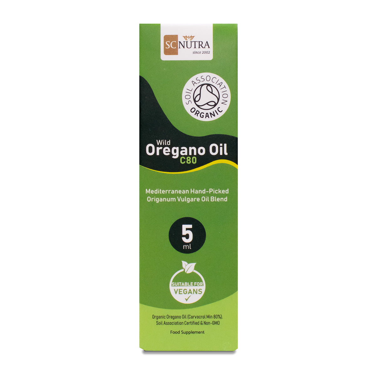 Wild Oregano Oil C80 5ml box front. Mediterranean Hand-Picked Origanum Vulgare Oil Blend. Suitable for Vegans.