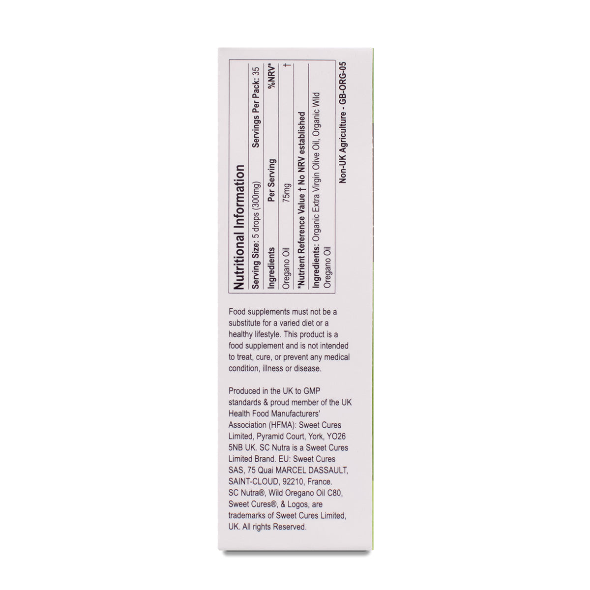 Wild Oregano Oil C80 5ml box side showing Nutritional information, food supplement warnings and Sweet Cures Limited manufacturer information.