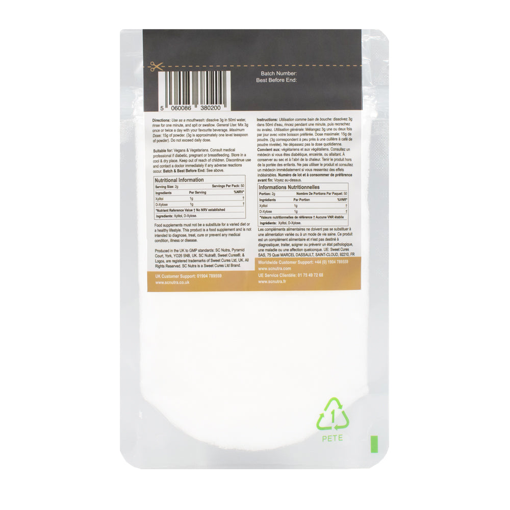 Xylotene Powder Eco Refill Pack back of the pack. Shows instructions and recycling information.
