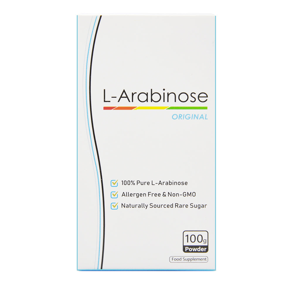 L-Arabinose Powder Original front of box. 100% Pure L-Arabinose. Allergen Free & Non-GMO. Naturally sourced rare sugar.