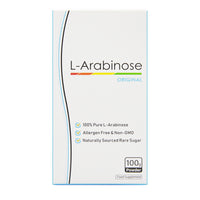 L-Arabinose Powder Original front of box. 100% Pure L-Arabinose. Allergen Free & Non-GMO. Naturally sourced rare sugar.
